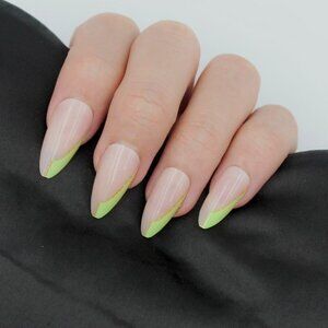 Neon Green tips nude press on nail almond